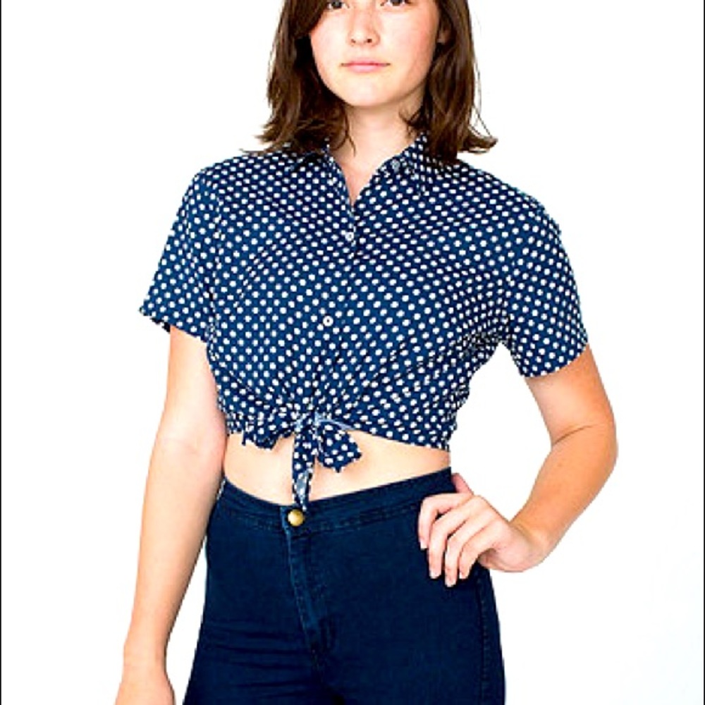 American Apparel Blue Polka-Dot tie front top